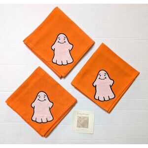 Longaberger Halloween Napkins Orange with White Ghost 100% Cotton Set of 3